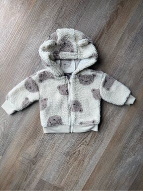 Carter's Cream Sherpa Zip Hoodie with Taupe Bear Prints